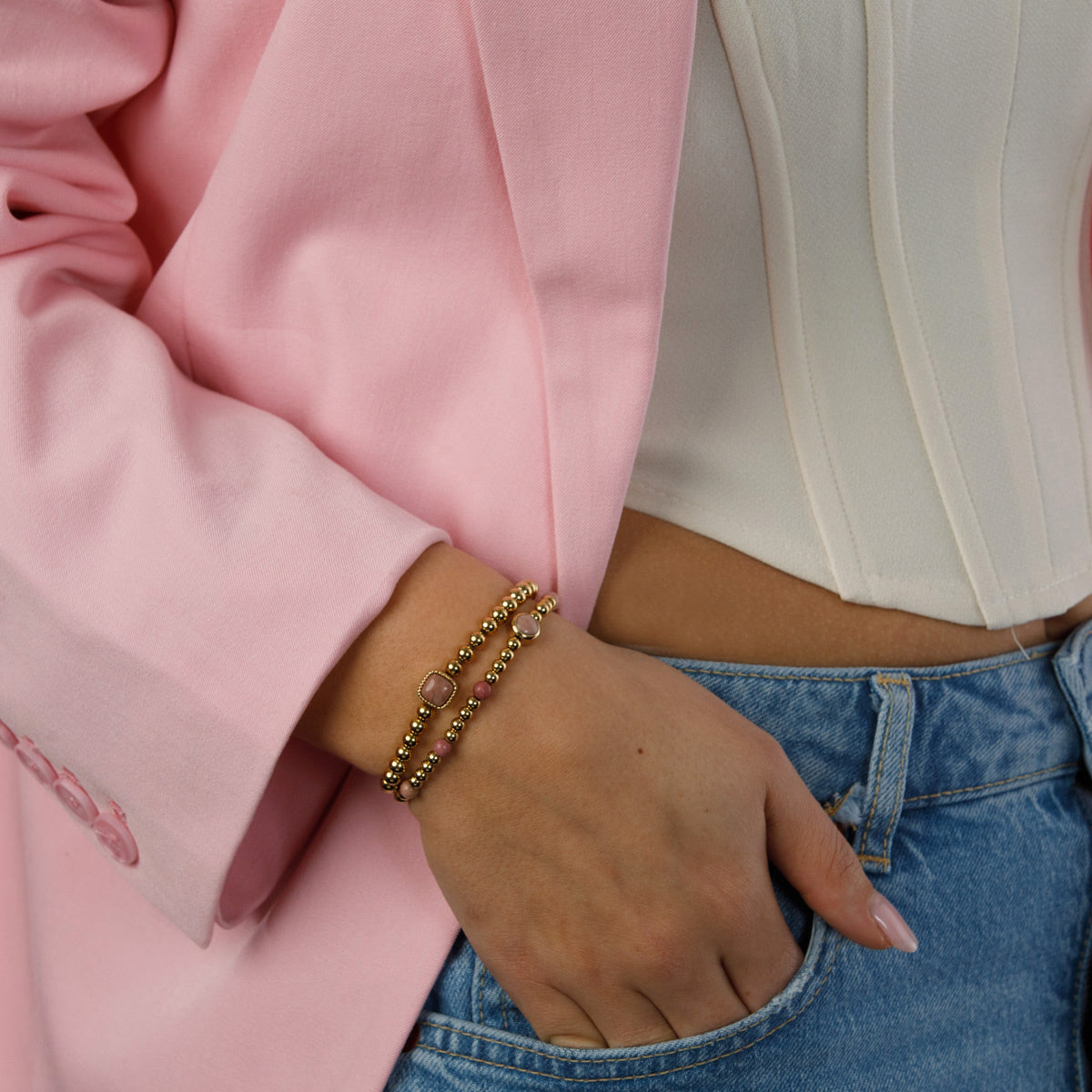 Gold Charm Bracelet with Rhodonite Gemstone