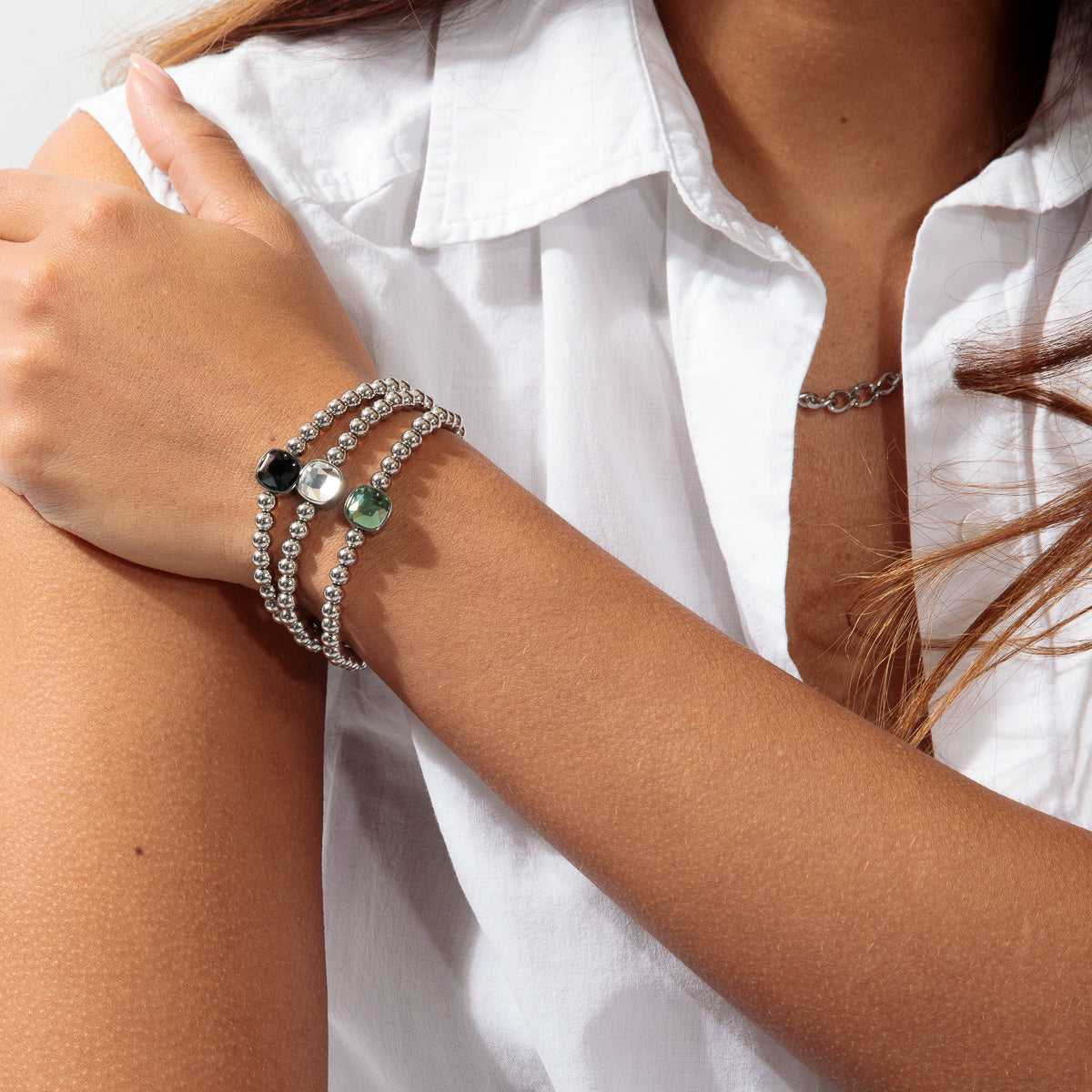 Elastische stainless steel Armband met Groene Bedel