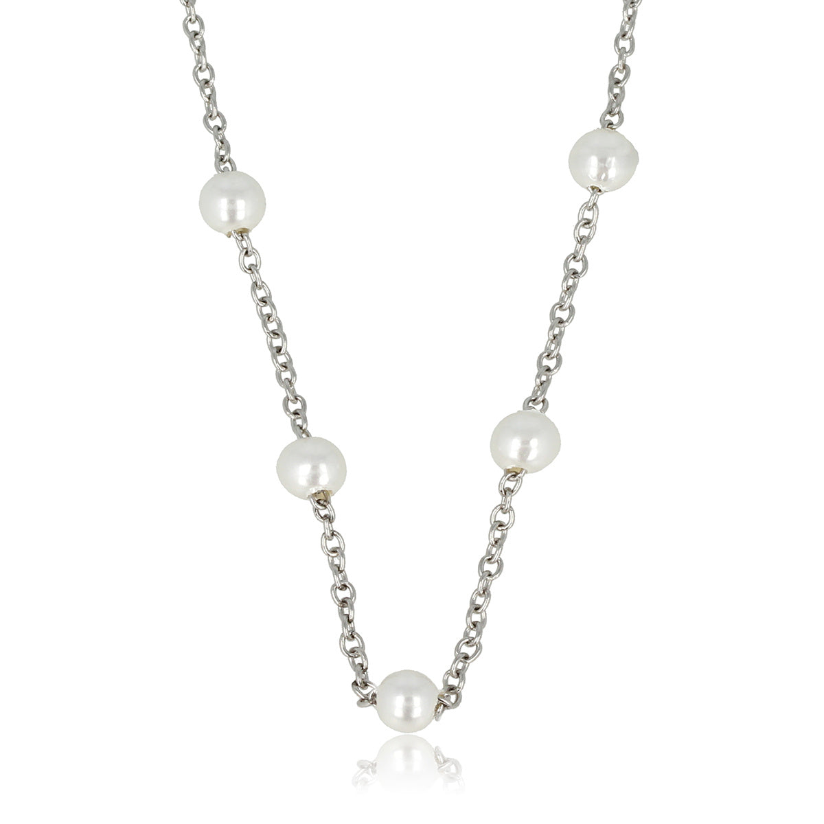 Silver Link Chain with White Pearls - Fine Design