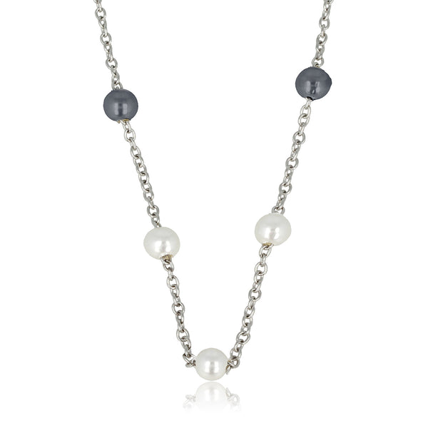 Silver Link Chain with Black and White Pearls