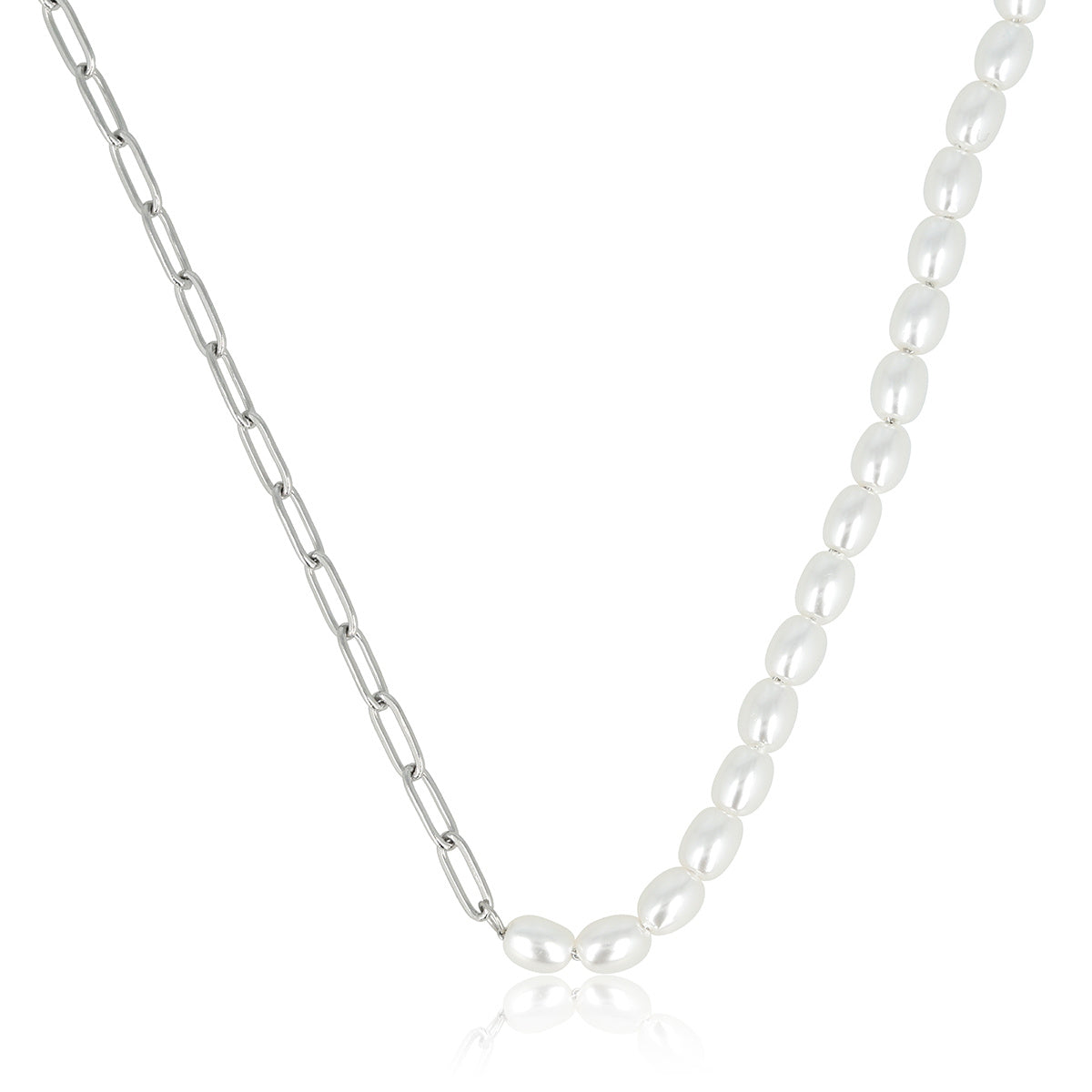 Zilveren Schakelketting met Ovale Witte Parels
