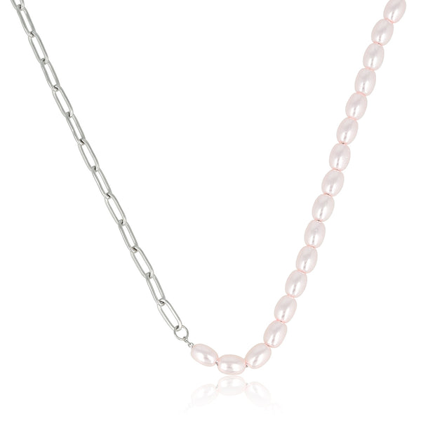 Zilveren Schakelketting met Roze Parels