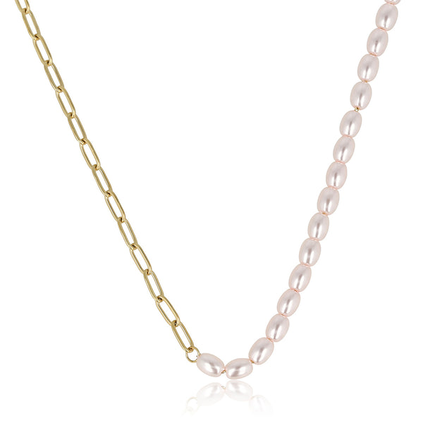 Gouden Schakelketting met Roze Parels