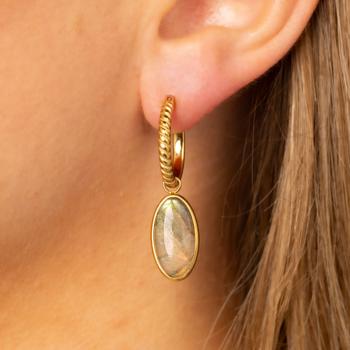 Ridged Hoop Earrings with Oval Gemstone • Labradorite