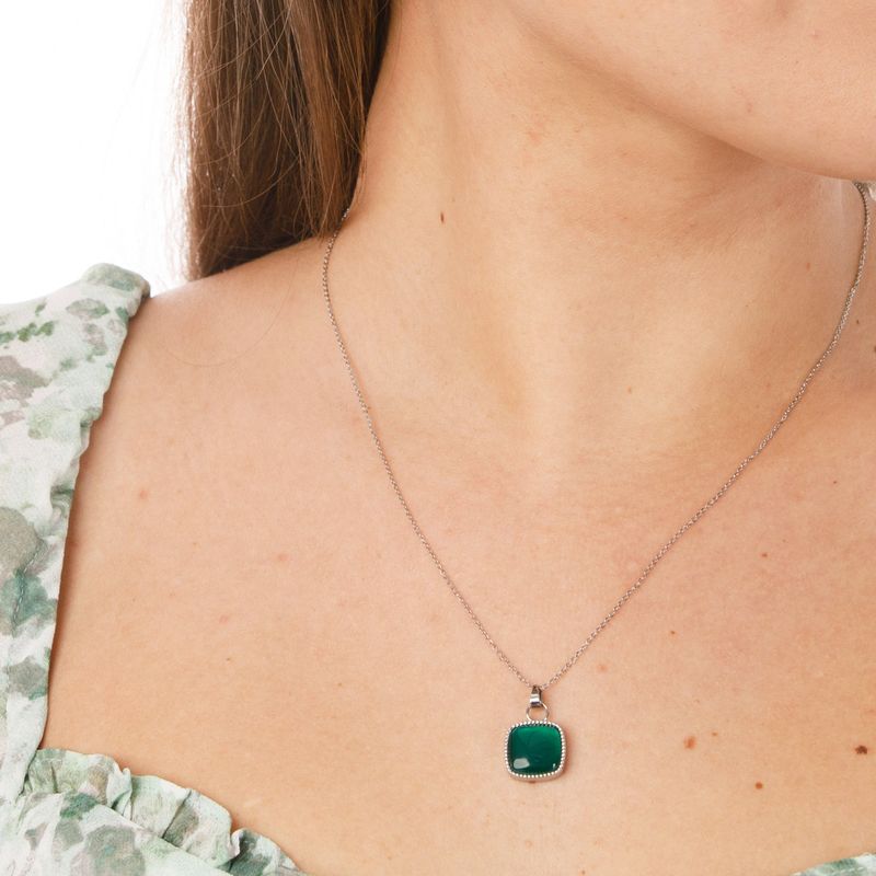 Silver Necklace with Square Green Agate Pendant