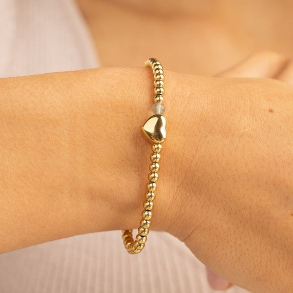 Golden Beaded Bracelet with Heart and Precious Stone - Green Fluorite