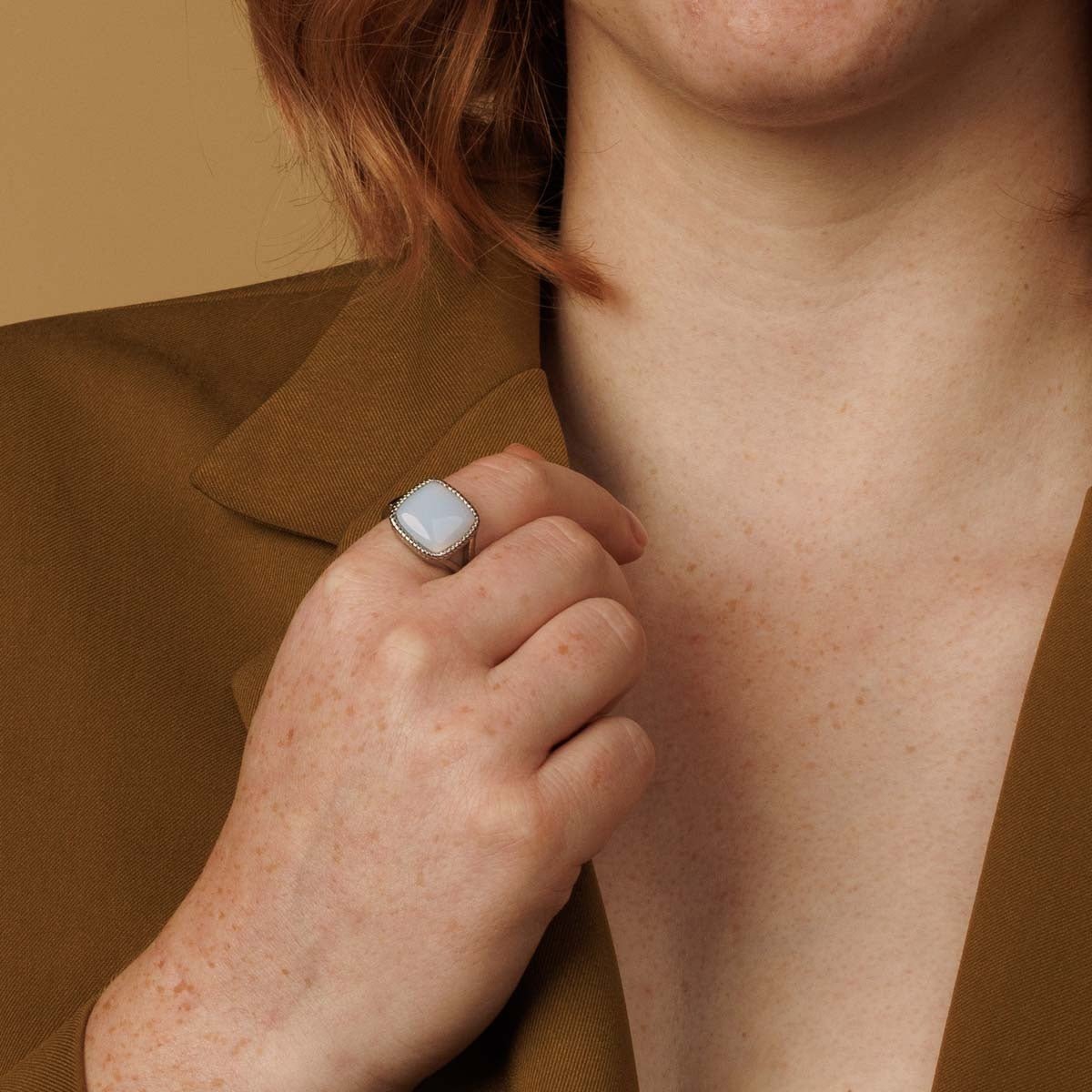 Zegelring zilver - White Quartz edelsteen - 15 mm steen - My Bendel