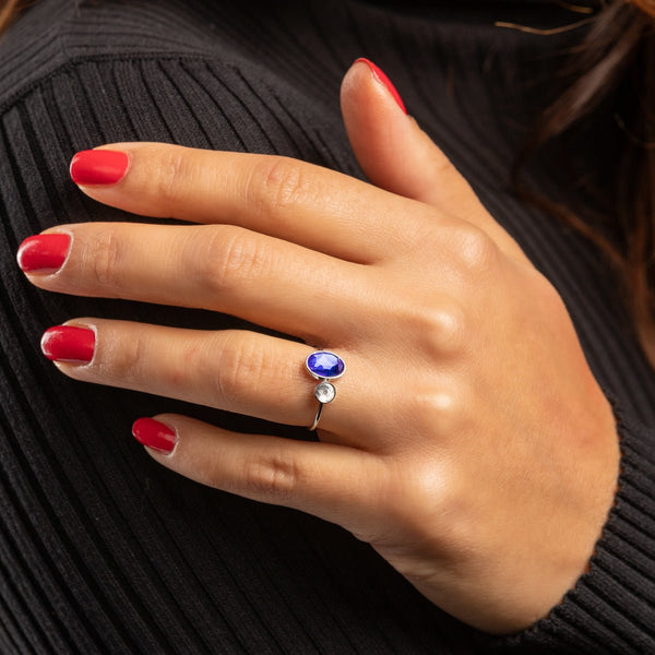 Zilveren aanschuifring - blauwe en kristal glassteen - My Bendel