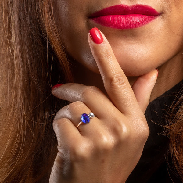 Zilveren aanschuifring - blauwe en kristal glassteen - My Bendel