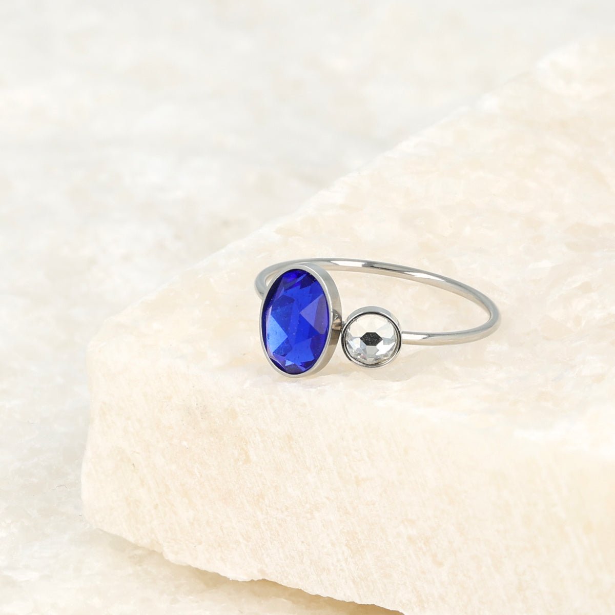 Zilveren aanschuifring - blauwe en kristal glassteen - My Bendel