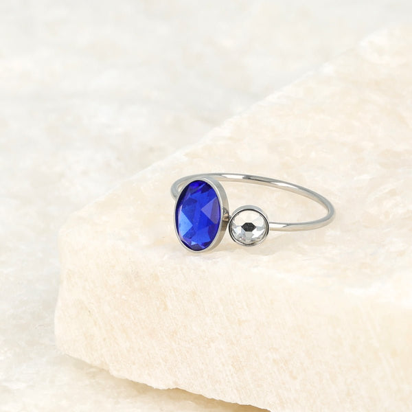 Zilveren aanschuifring - blauwe en kristal glassteen - My Bendel