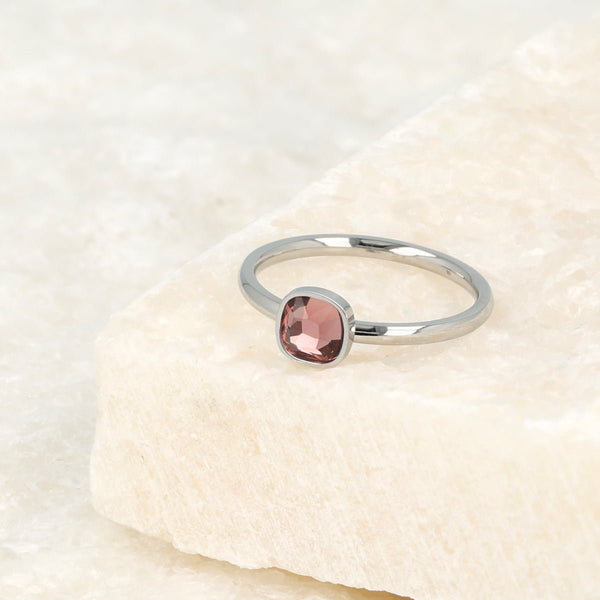 Zilveren aanschuifring - Donkerroze glassteen - Glanzend design - My Bendel