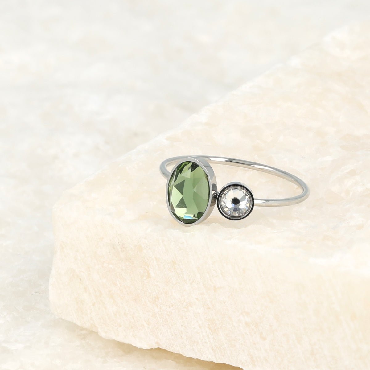 Zilveren aanschuifring - Groene en kristal glasstenen - My Bendel