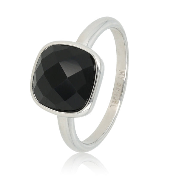 Zilveren ring - Grote facet zwarte kristal glassteen - My Bendel