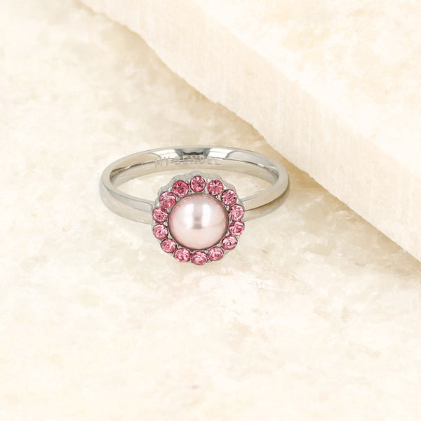 Zilveren ring - roze parel - zirkonia steentjes - My Bendel