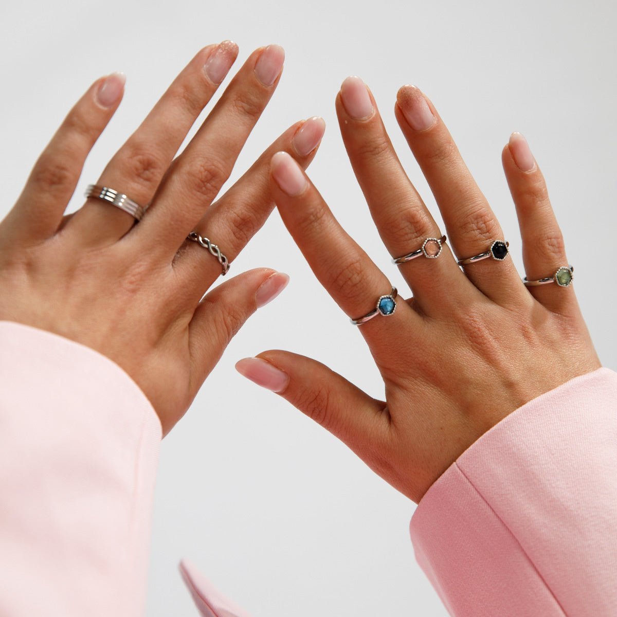 Zilveren ring - zeshoek vorm - groene glassteen - My Bendel