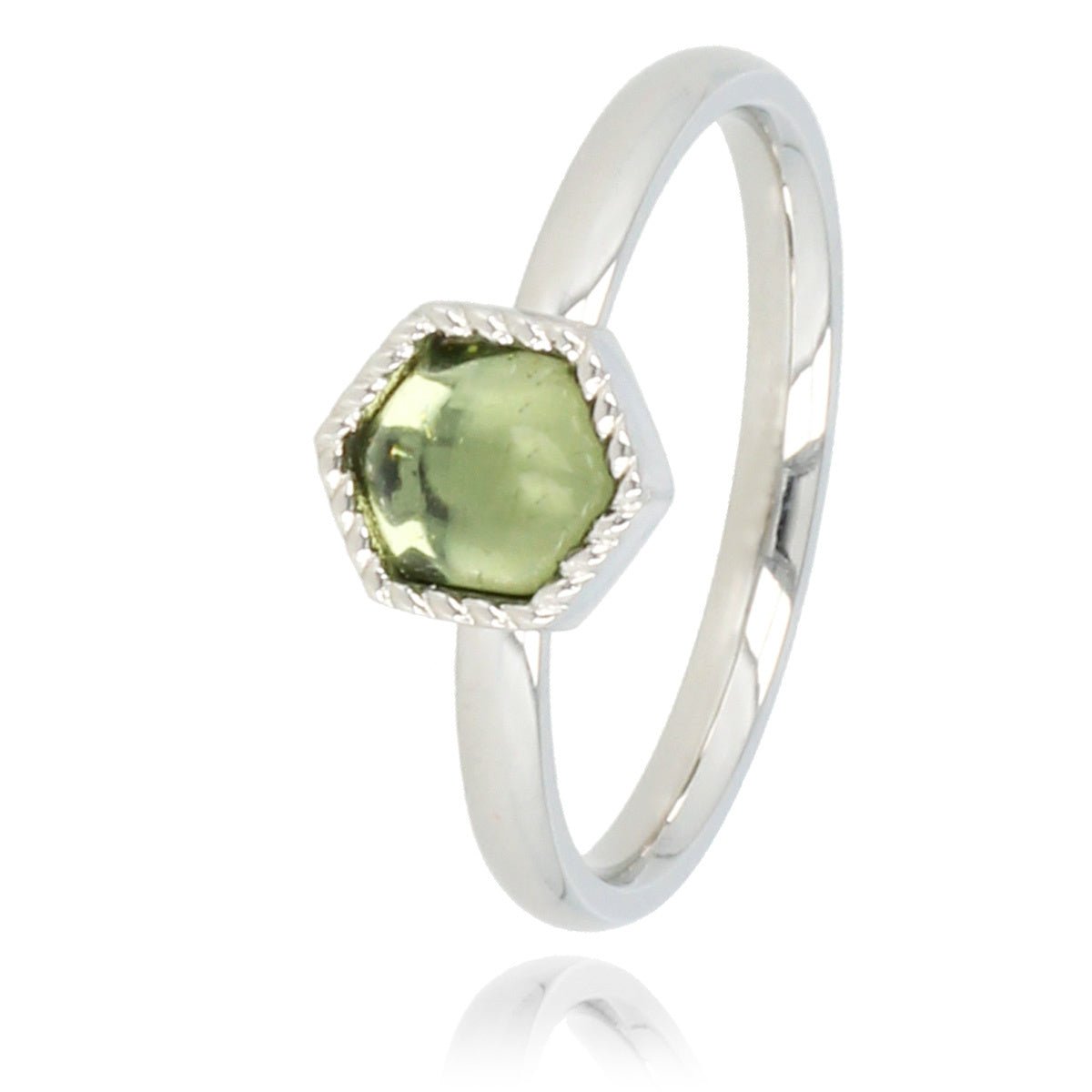 Zilveren ring - zeshoek vorm - groene glassteen - My Bendel