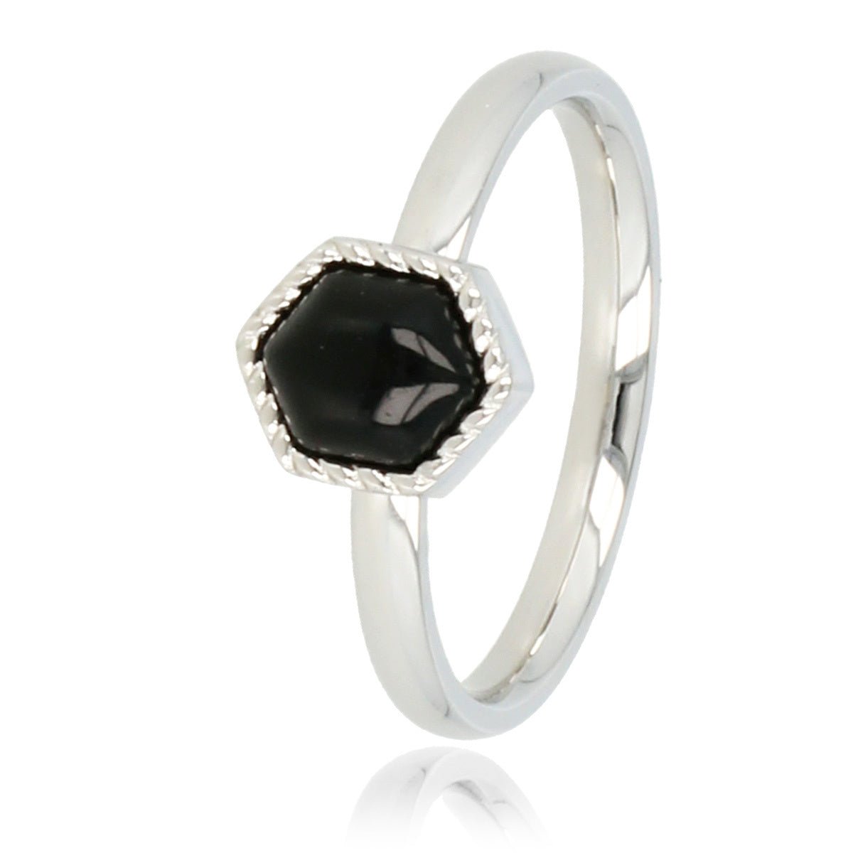 Zilveren ring - zeshoek - zwarte glassteen - vintage look - My Bendel