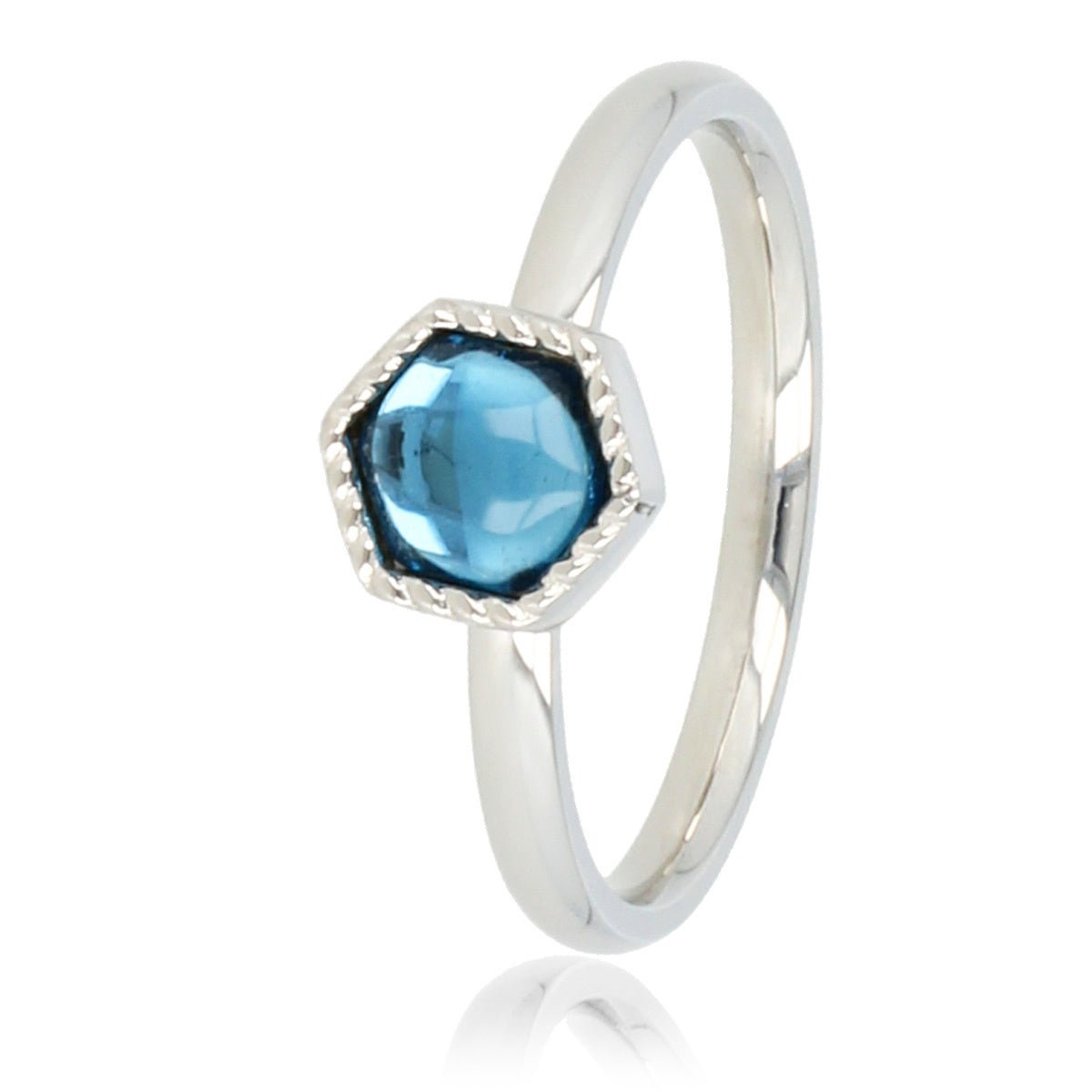 Zilveren ring - Zeshoekig ontwerp - Blauwe glassteen - My Bendel