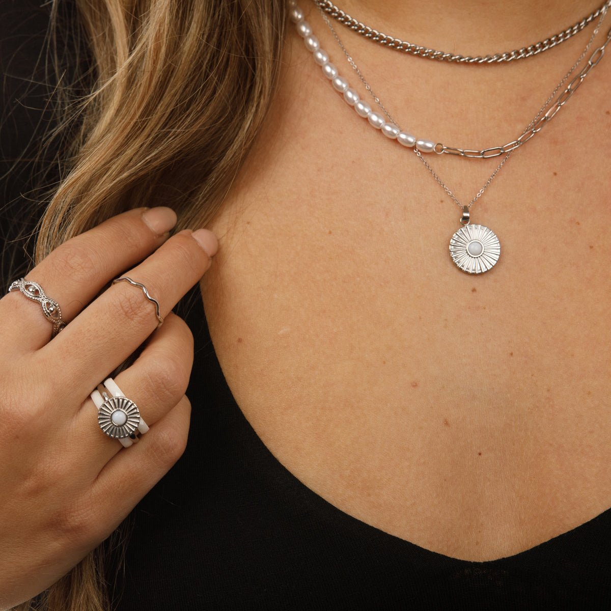 Zilveren ring - zonnetje design - White Aventurine edelsteen - My Bendel