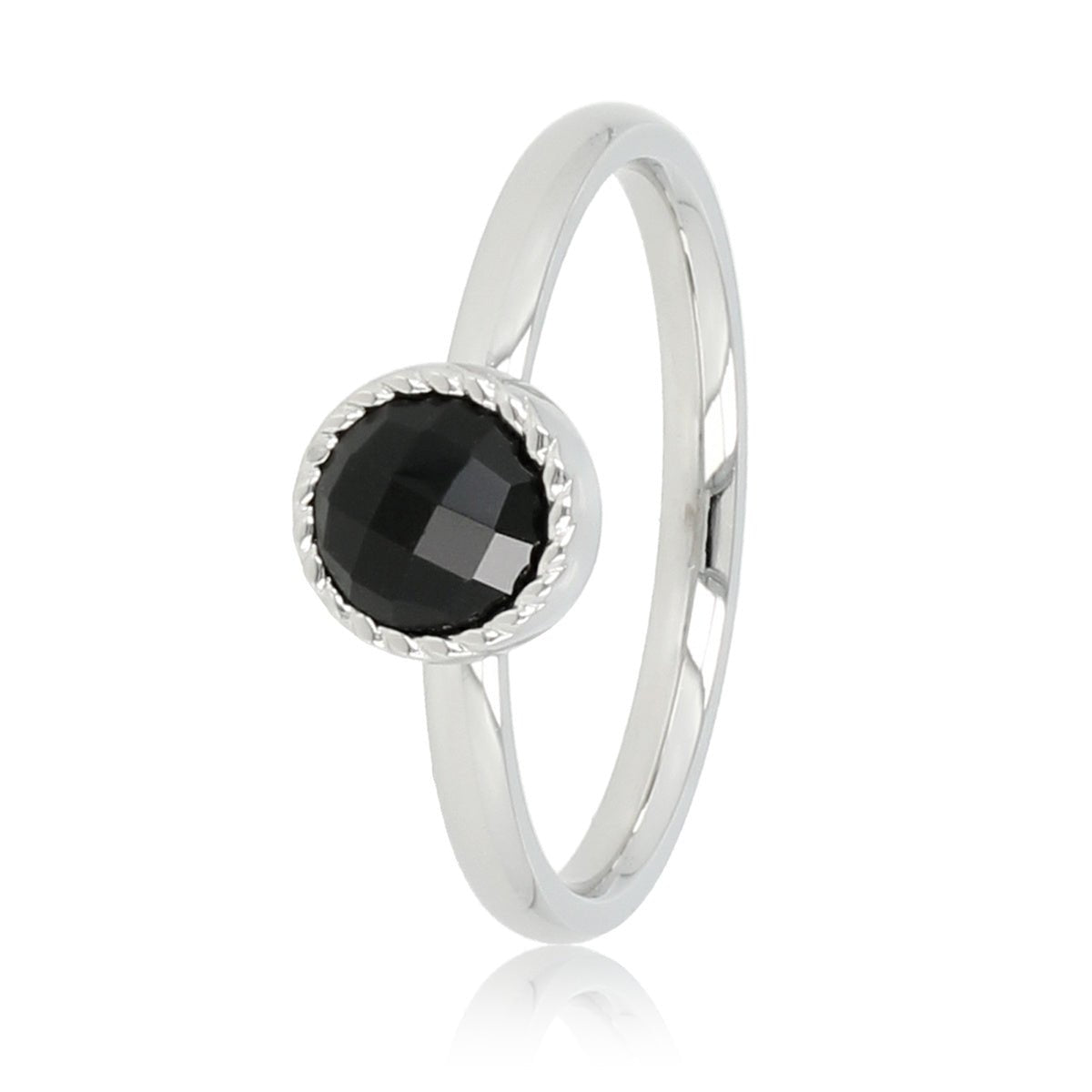 Zilveren ring - Zwarte glassteen - Twisted randje - My Bendel