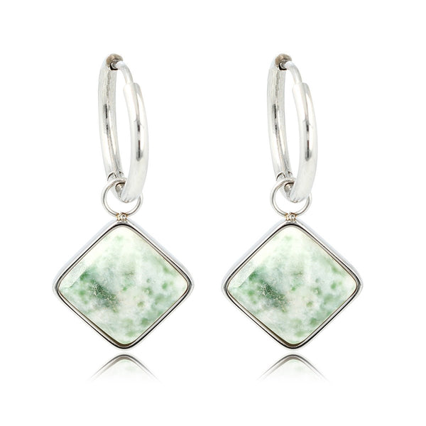 Zilveren Ronde Oorring met Jade Ruiten Hanger - My Bendel