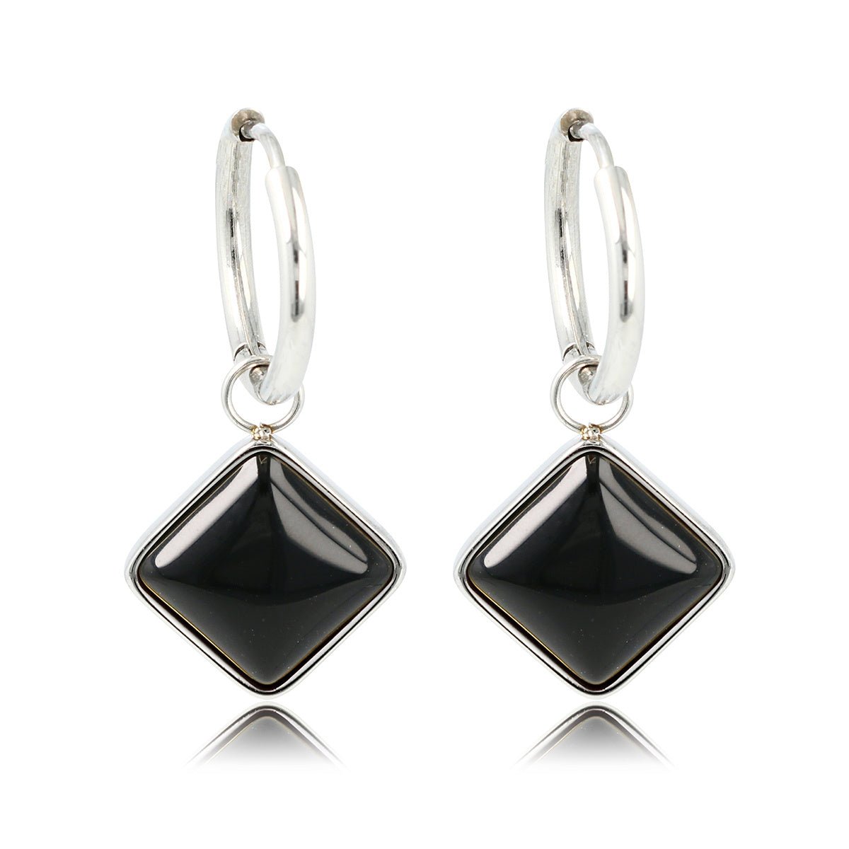 Zilveren Ronde Oorring met Onyx Ruiten Hanger - My Bendel