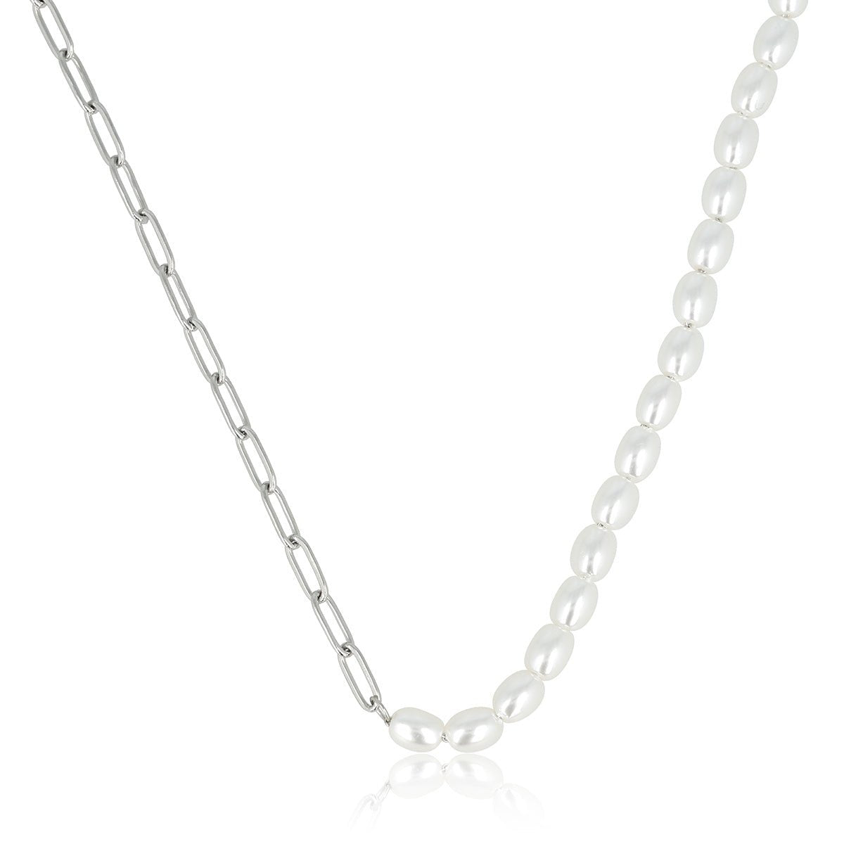 Zilveren Schakelketting met Ovale Witte Parels - My Bendel