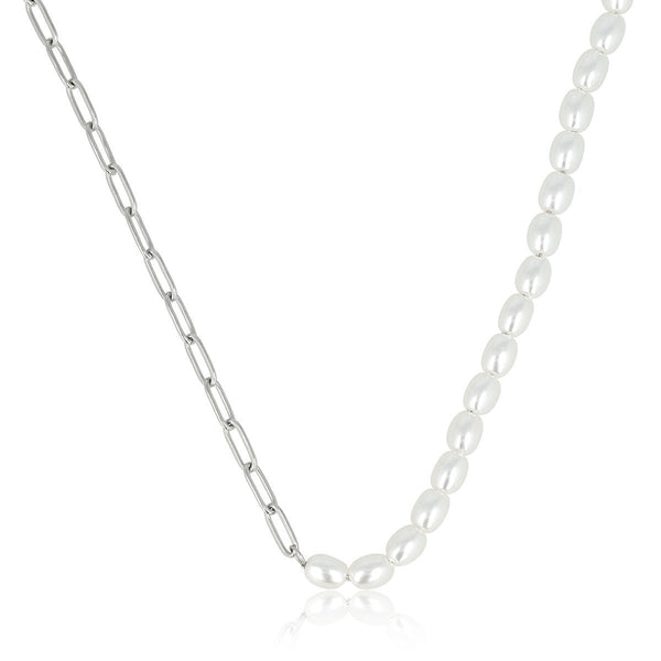 Zilveren Schakelketting met Ovale Witte Parels - My Bendel