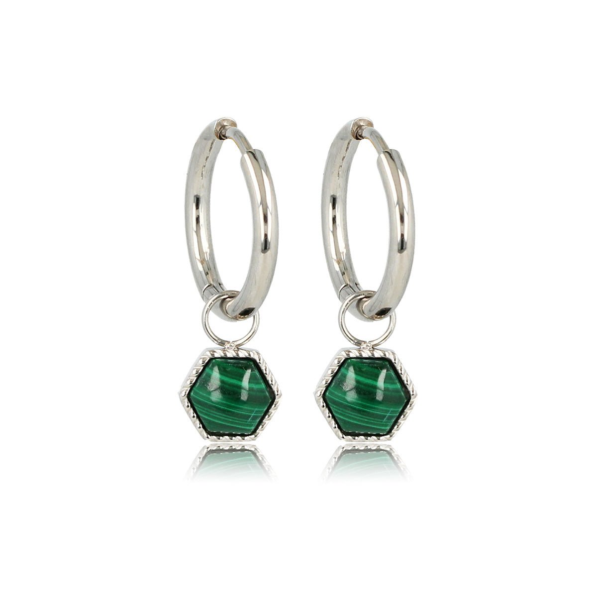 Zilveren Zeshoek Oorbellen met Malachite - My Bendel